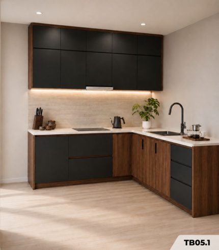 Hệ tủ bếp chữ L MDF chống ẩm phủ Melamine TB05.1 - Walnut đậm phối đen