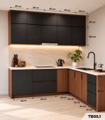 Hệ tủ bếp chữ L MDF chống ẩm phủ Melamine TB05.1 - Walnut đậm phối đen