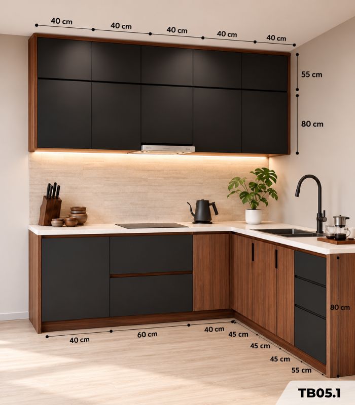Hệ tủ bếp chữ L MDF chống ẩm phủ Melamine TB05.1 - Walnut đậm phối đen