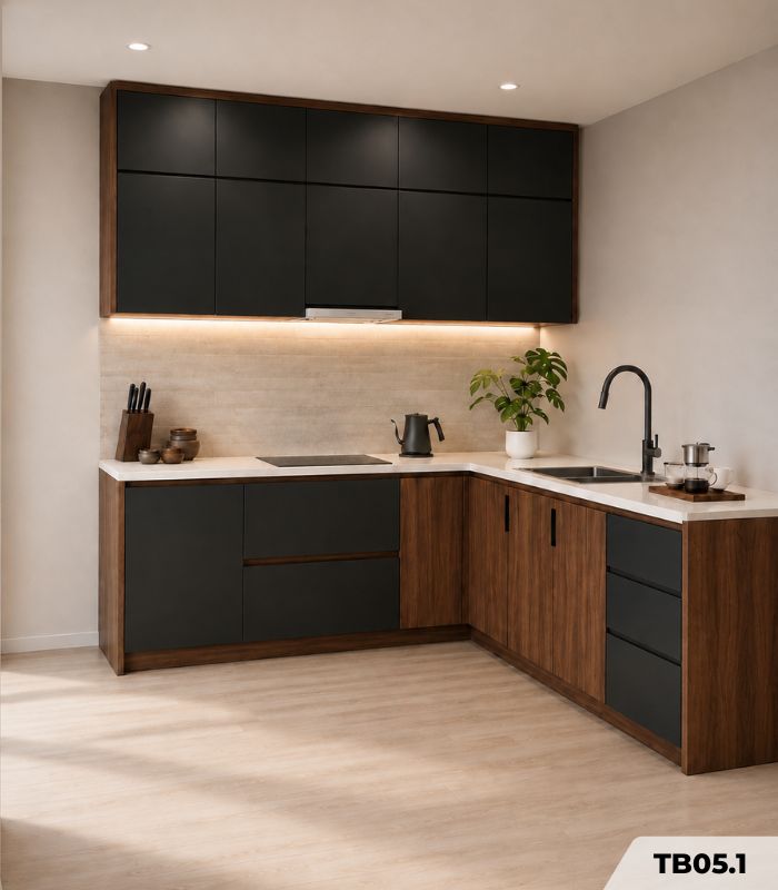 Hệ tủ bếp chữ L MDF chống ẩm phủ Melamine TB05.1 - Walnut đậm phối đen