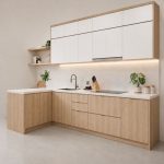 Hệ tủ bếp chữ L MDF chống ẩm phủ Melamine TB05.2 - Trắng phối Walnut nhạt