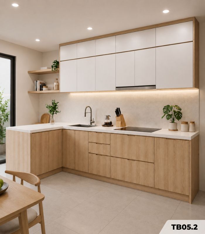 Hệ tủ bếp chữ L MDF chống ẩm phủ Melamine TB05.2 - Trắng phối Walnut nhạt