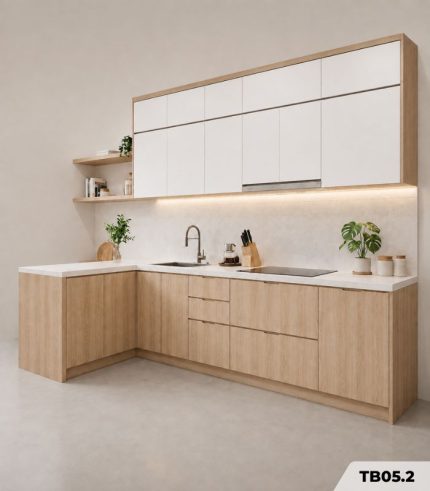 Hệ tủ bếp chữ L MDF chống ẩm phủ Melamine TB05.2 - Trắng phối Walnut nhạt