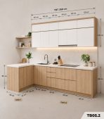 Hệ tủ bếp chữ L MDF chống ẩm phủ Melamine TB05.2 - Trắng phối Walnut nhạt