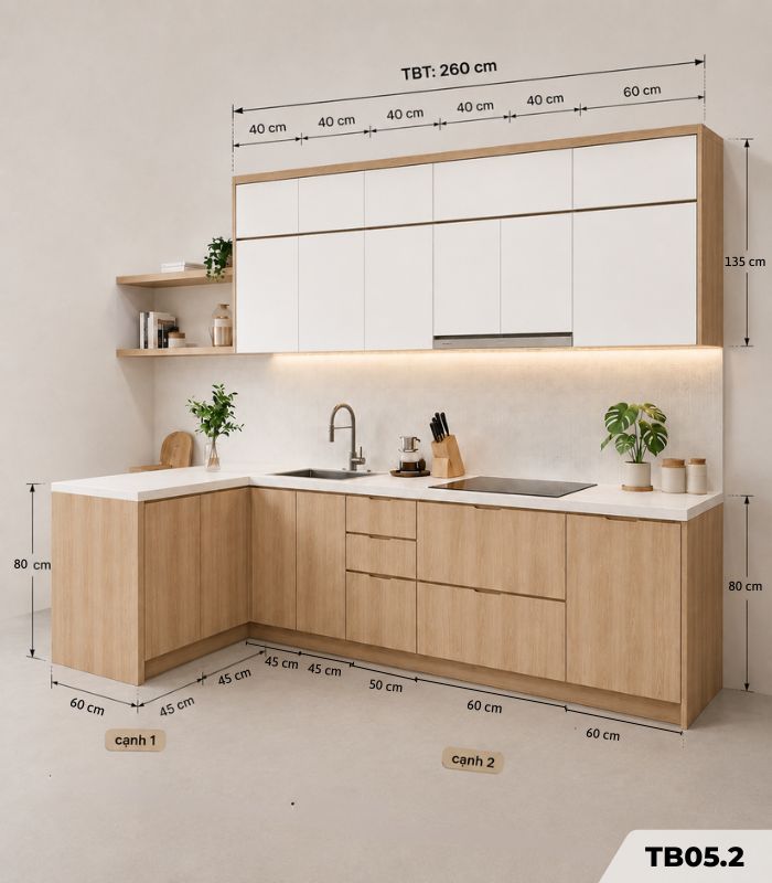 Hệ tủ bếp chữ L MDF chống ẩm phủ Melamine TB05.2 - Trắng phối Walnut nhạt