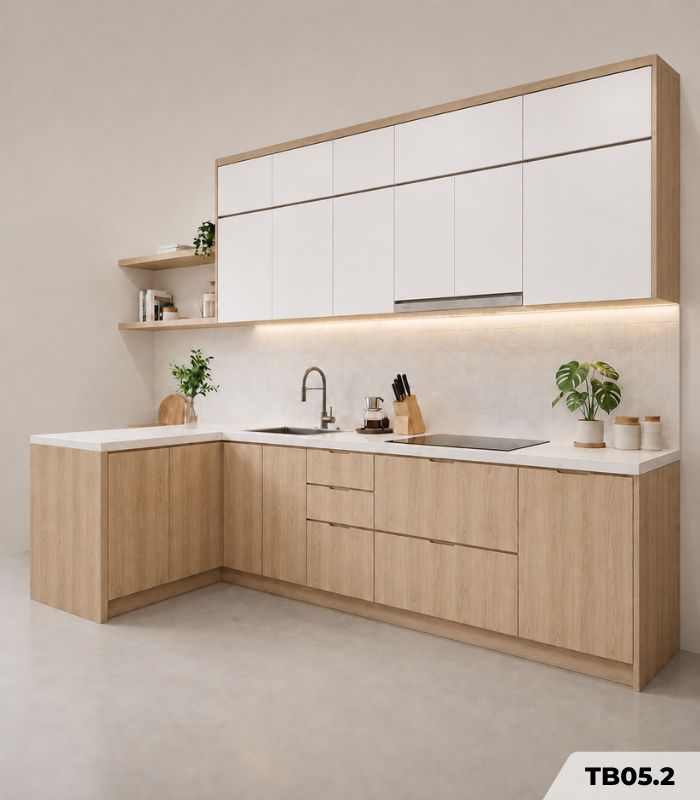 Hệ tủ bếp chữ L MDF chống ẩm phủ Melamine TB05.2 - Trắng phối Walnut nhạt