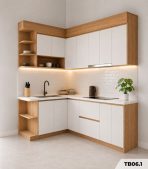Hệ tủ bếp chữ L MDF chống ẩm phủ Melamine TB06.1 - Trắng + Walnut nhạt
