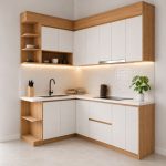 Hệ tủ bếp chữ L MDF chống ẩm phủ Melamine TB06.1 - Trắng + Walnut nhạt