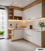 Hệ tủ bếp chữ L MDF chống ẩm phủ Melamine TB06.1 - Trắng + Walnut nhạt