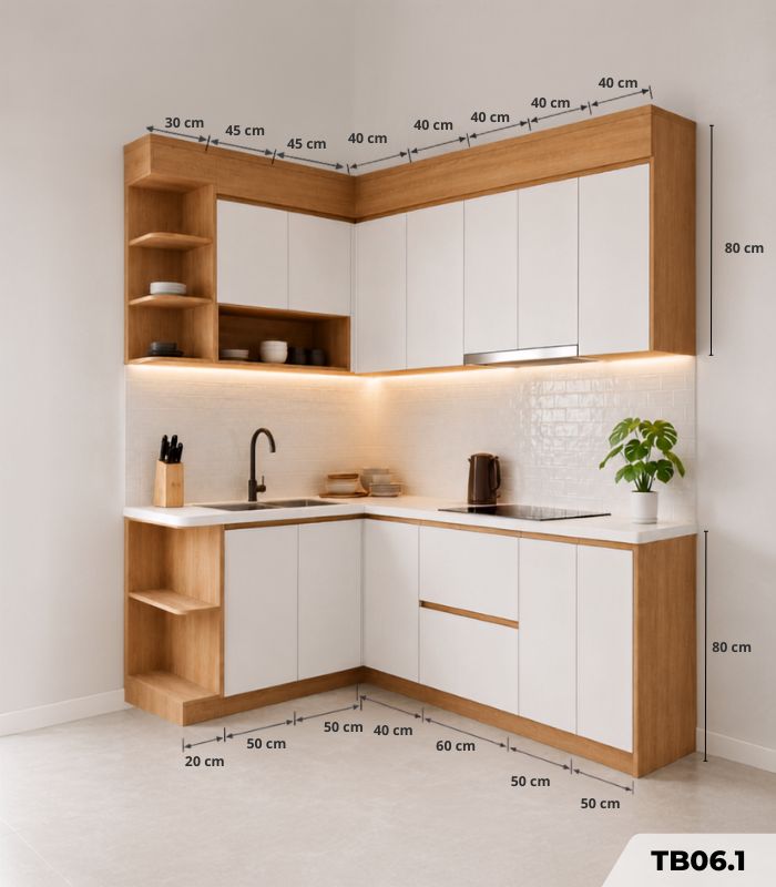 Hệ tủ bếp chữ L MDF chống ẩm phủ Melamine TB06.1 - Trắng + Walnut nhạt