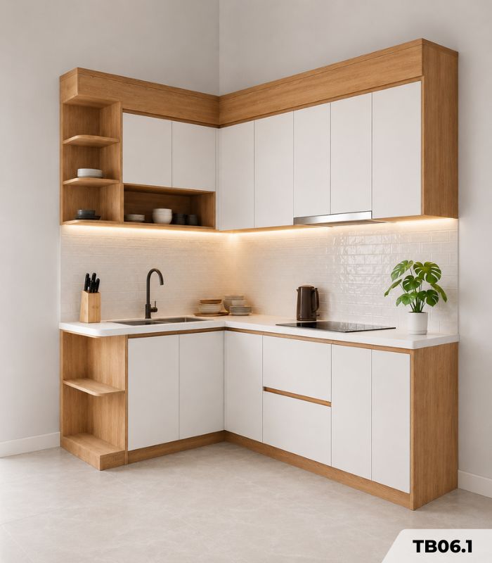 Hệ tủ bếp chữ L MDF chống ẩm phủ Melamine TB06.1 - Trắng + Walnut nhạt