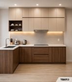 Hệ tủ bếp chữ L MDF chống ẩm phủ Melamine phối kệ trang trí TB07.1 - Trắng + Walnut đậm