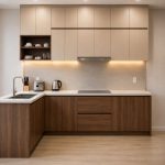 Hệ tủ bếp chữ L MDF chống ẩm phủ Melamine phối kệ trang trí TB07.1 - Trắng + Walnut đậm