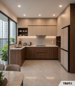 Hệ tủ bếp chữ L MDF chống ẩm phủ Melamine phối kệ trang trí TB07.1 - Trắng + Walnut đậm