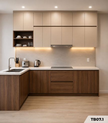 Hệ tủ bếp chữ L MDF chống ẩm phủ Melamine phối kệ trang trí TB07.1 - Trắng + Walnut đậm