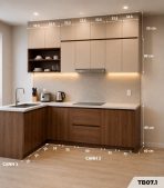 Hệ tủ bếp chữ L MDF chống ẩm phủ Melamine phối kệ trang trí TB07.1 - Trắng + Walnut đậm