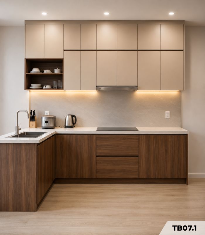 Hệ tủ bếp chữ L MDF chống ẩm phủ Melamine phối kệ trang trí TB07.1 - Trắng + Walnut đậm