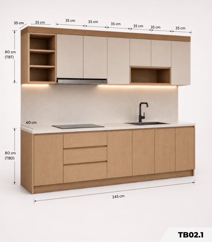 Hệ tủ bếp chữ I MDF chống ẩm phủ Melamine TB02.1 - Trắng + Walnut nhạt