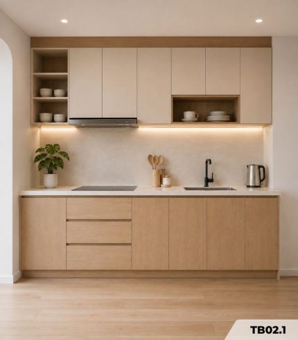 Hệ tủ bếp chữ I MDF chống ẩm phủ Melamine TB02.1 - Trắng + Walnut nhạt