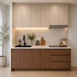Hệ tủ bếp chữ I MDF chống ẩm phủ Melamine TB03.1 200 cm - Trắng + Walnut đậm
