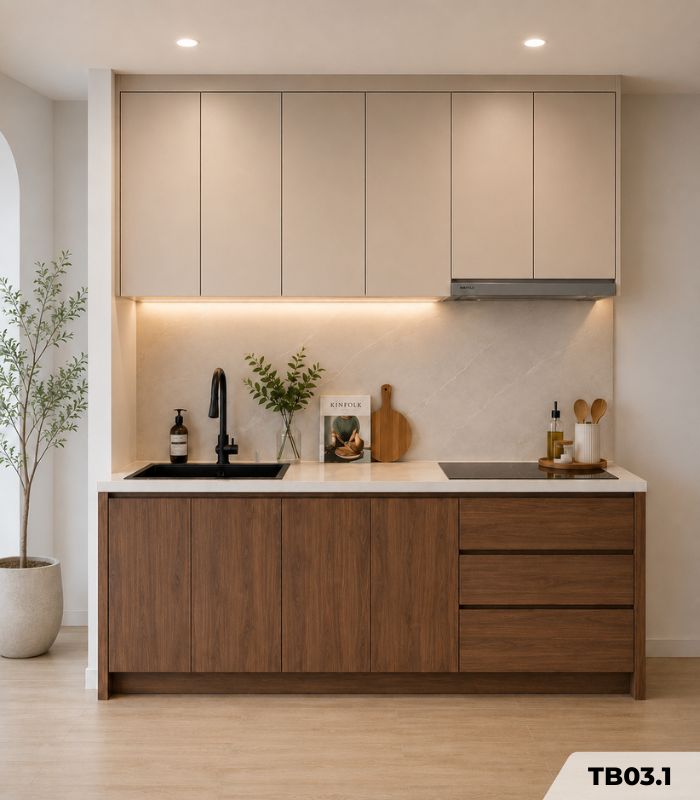Hệ tủ bếp chữ I MDF chống ẩm phủ Melamine TB03.1 200 cm - Trắng + Walnut đậm