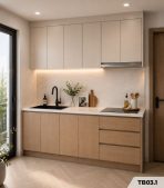 Hệ tủ bếp chữ I MDF chống ẩm phủ Melamine TB03.1 200 cm - Trắng + Walnut đậm