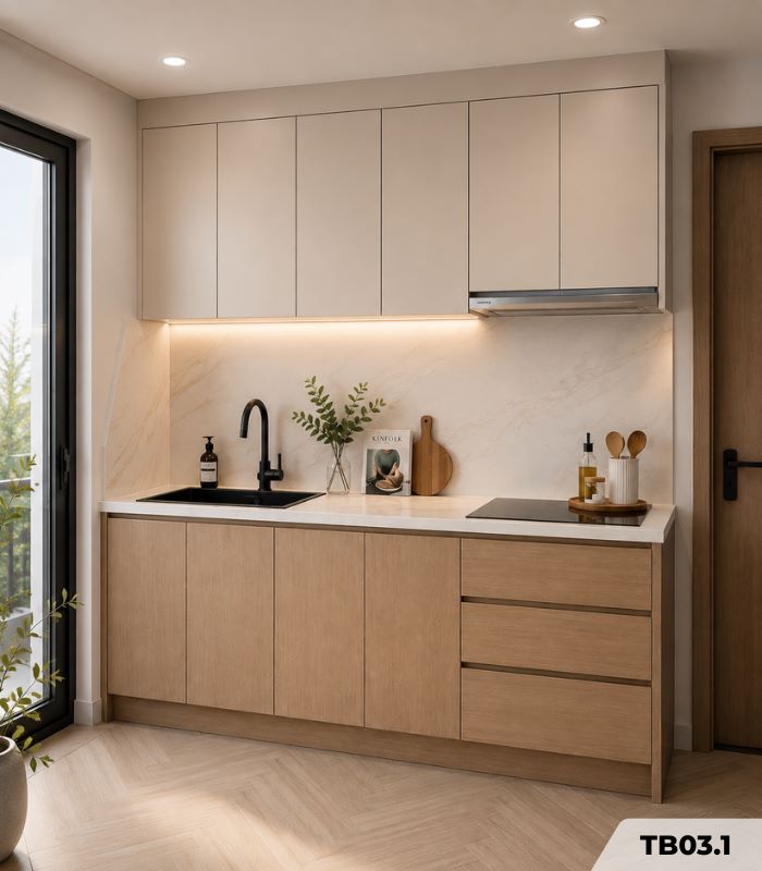 Hệ tủ bếp chữ I MDF chống ẩm phủ Melamine TB03.1 200 cm - Trắng + Walnut đậm