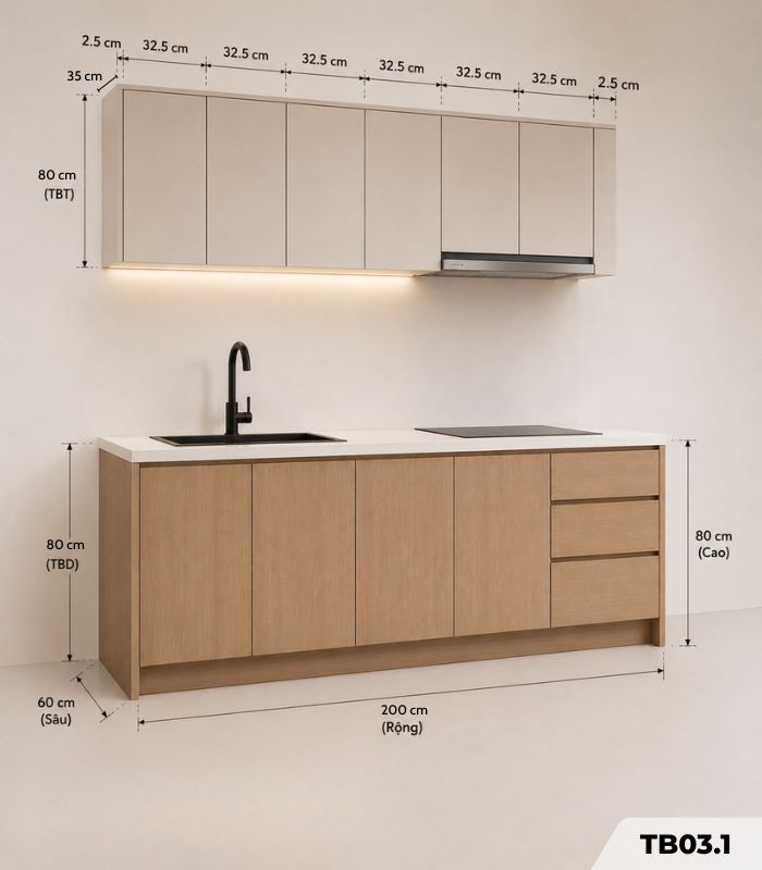 Hệ tủ bếp chữ I MDF chống ẩm phủ Melamine TB03.1 200 cm - Trắng + Walnut đậm