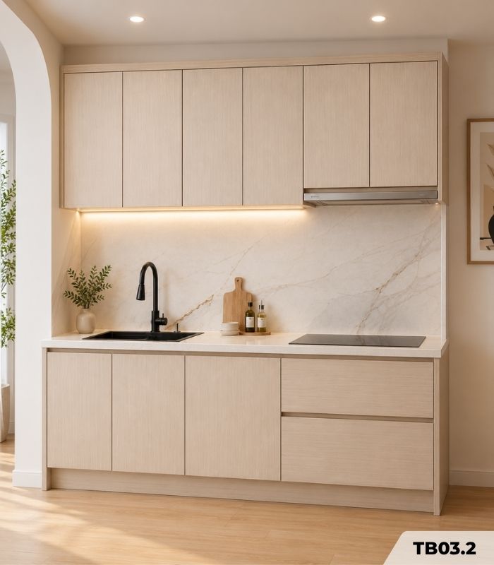 Hệ tủ bếp chữ I MDF chống ẩm phủ Melamine TB03.2 200 cm - Walnut nhạt