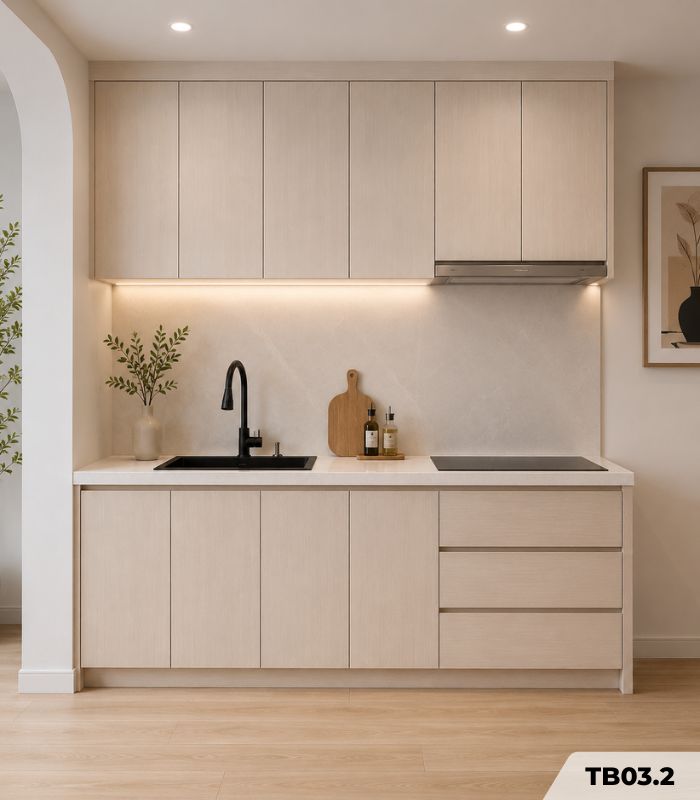 Hệ tủ bếp chữ I MDF chống ẩm phủ Melamine TB03.2 200 cm - Walnut nhạt