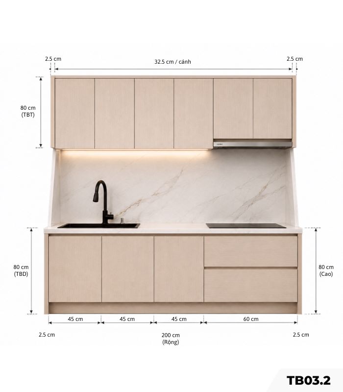 Hệ tủ bếp chữ I MDF chống ẩm phủ Melamine TB03.2 200 cm - Walnut nhạt