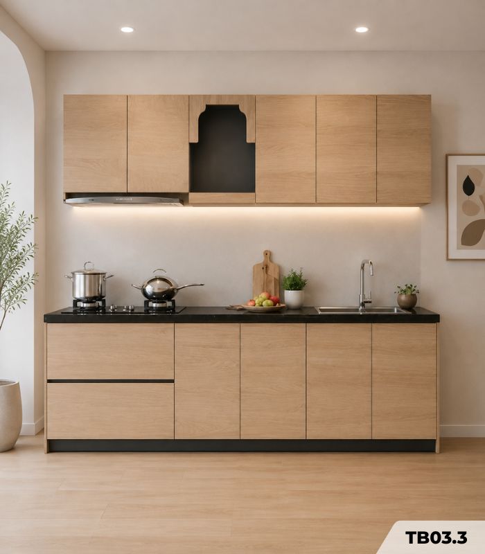 Hệ tủ bếp chữ I MDF chống ẩm phủ Melamine TB03.3 200 cm - Walnut nhạt