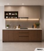 Hệ tủ bếp chữ I MDF chống ẩm phủ Melamine phối kệ trang trí TB04.1 260 cm - Vân gỗ