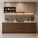 Hệ tủ bếp chữ I MDF chống ẩm phủ Melamine phối kệ trang trí TB04.1 260 cm - Vân gỗ