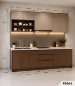Hệ tủ bếp chữ I MDF chống ẩm phủ Melamine phối kệ trang trí TB04.1 260 cm - Vân gỗ