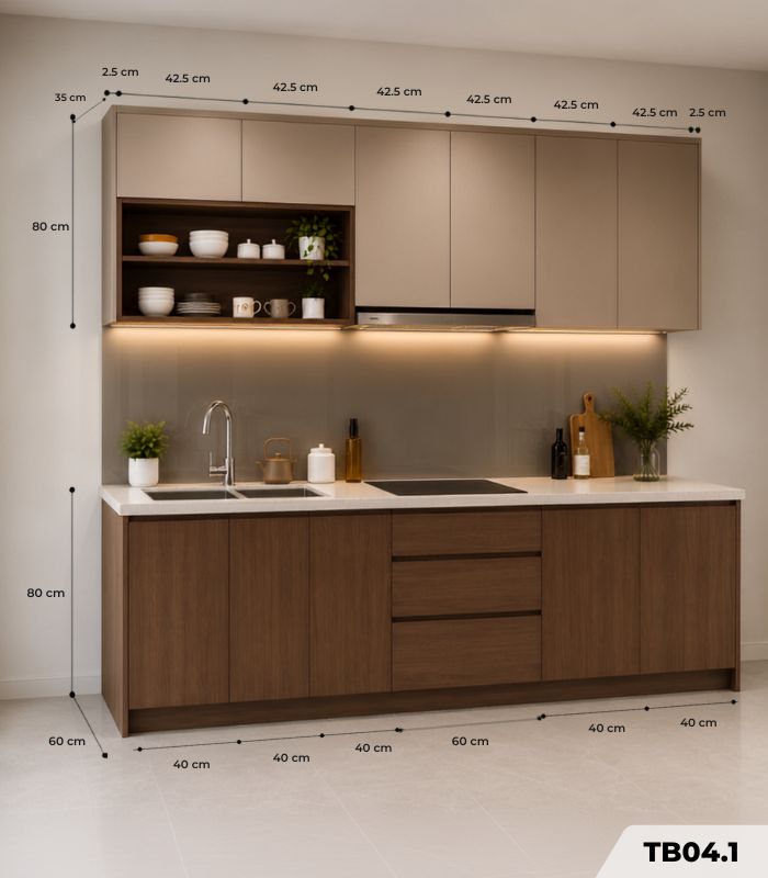 Hệ tủ bếp chữ I MDF chống ẩm phủ Melamine phối kệ trang trí TB04.1 260 cm - Vân gỗ