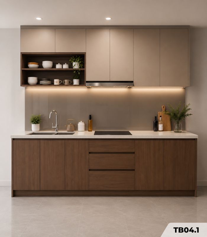 Hệ tủ bếp chữ I MDF chống ẩm phủ Melamine phối kệ trang trí TB04.1 260 cm - Vân gỗ