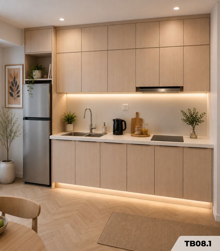 Hệ tủ bếp chữ I MDF chống ẩm phủ Melamine TB08.1 210 cm - Walnut nhạt