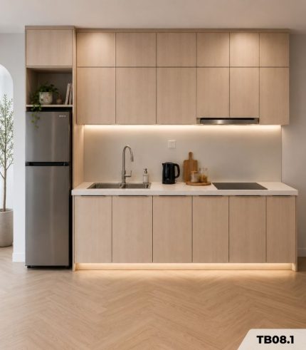 Hệ tủ bếp chữ I MDF chống ẩm phủ Melamine TB08.1 210 cm - Walnut nhạt