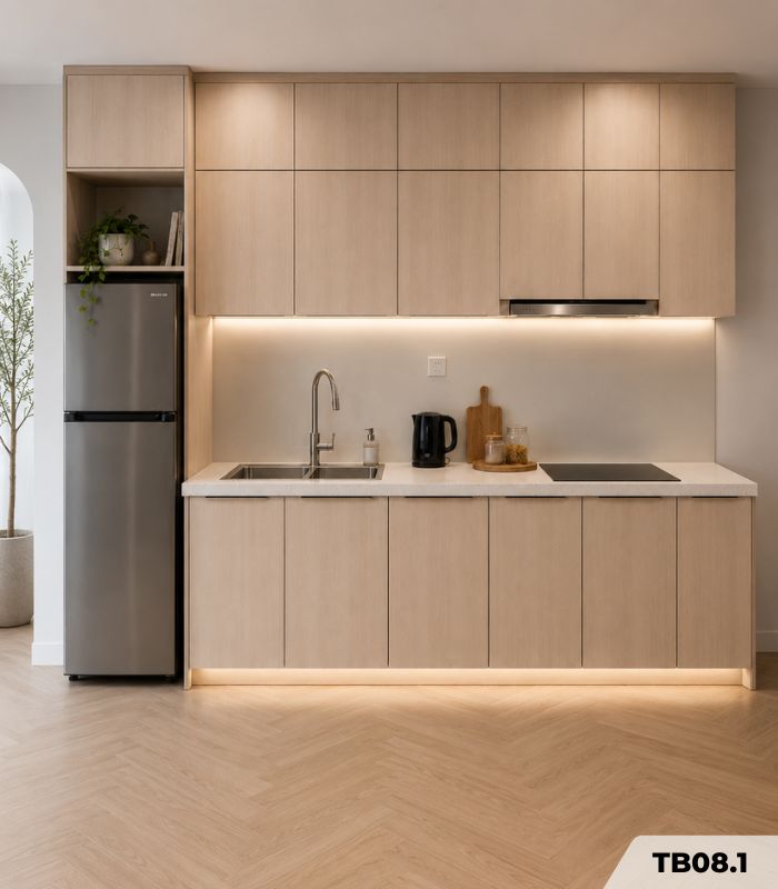 Hệ tủ bếp chữ I MDF chống ẩm phủ Melamine TB08.1 210 cm - Walnut nhạt