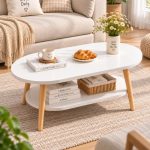 Bàn Trà Oval 2 Tầng – Bàn Sofa Phòng Khách, Chân Gỗ, Kệ Lưu Trữ BSF02.1 - 60x40x42cm