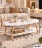 Bàn Trà Oval 2 Tầng – Bàn Sofa Phòng Khách, Chân Gỗ, Kệ Lưu Trữ BSF02.2 - 80x45x42cm