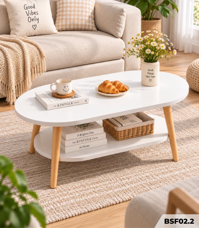 Bàn Trà Oval 2 Tầng – Bàn Sofa Phòng Khách, Chân Gỗ, Kệ Lưu Trữ BSF02.2 - 80x45x42cm