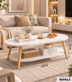 Bàn Trà Oval 2 Tầng – Bàn Sofa Phòng Khách, Chân Gỗ, Kệ Lưu Trữ BSF02.3 - 100x50x42cm