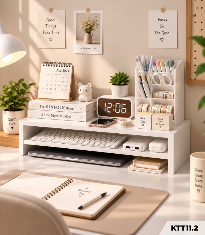 Kệ Sách Gỗ Để Bàn – Kệ Lắp Ghép Đa Năng, Kệ Trang Trí Bàn Học KTT11.2 - 2 Máy Tính Tầng