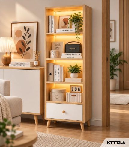 Kệ Sách Gỗ Nhiều Tầng – Kệ Để Sàn Lắp Ghép, Kệ Trang Trí MDF Phủ Melamine KTT12.4 - Kệ Sách Gỗ 5 Tầng