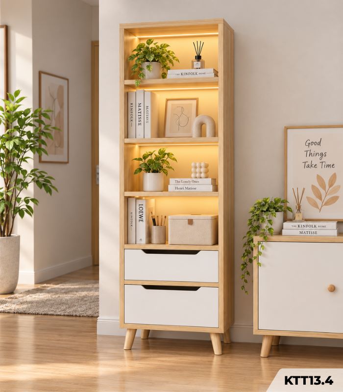 Kệ Sách Gỗ Nhiều Tầng – Kệ Để Sàn Lắp Ghép, Kệ Trang Trí MDF Phủ Melamine KTT13.4 - Kệ Sách Gỗ 5 Tầng