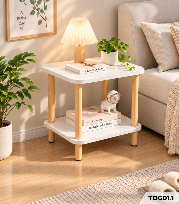 Tab Đầu Giường 2 Tầng – Bàn Trà Vuông, Kệ Để Đồ Chân Gỗ Đa Năng TDG01.1