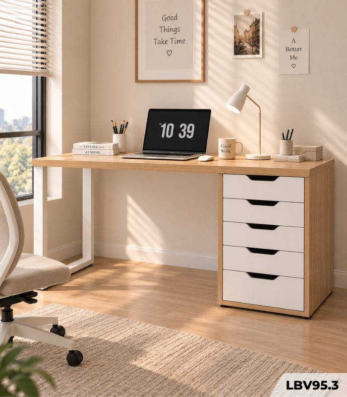 Bàn làm việc IKEA 1 Tủ LBV95.3 120×60 – Trắng + Vân gỗ nhạt