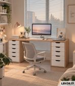 Bàn làm việc IKEA 2 Tủ LBV38.7 180×60 – Trắng + Vân gỗ nhạt